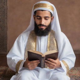 A handsome, bearded Arab youth in traditional attire, immersed in reading a sacred book, embodying wisdom and devotion.