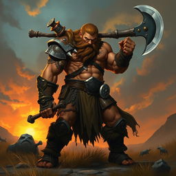 A fierce Leonin barbarian, standing tall with a muscular build, clad in rugged armor and wielding a massive battle axe