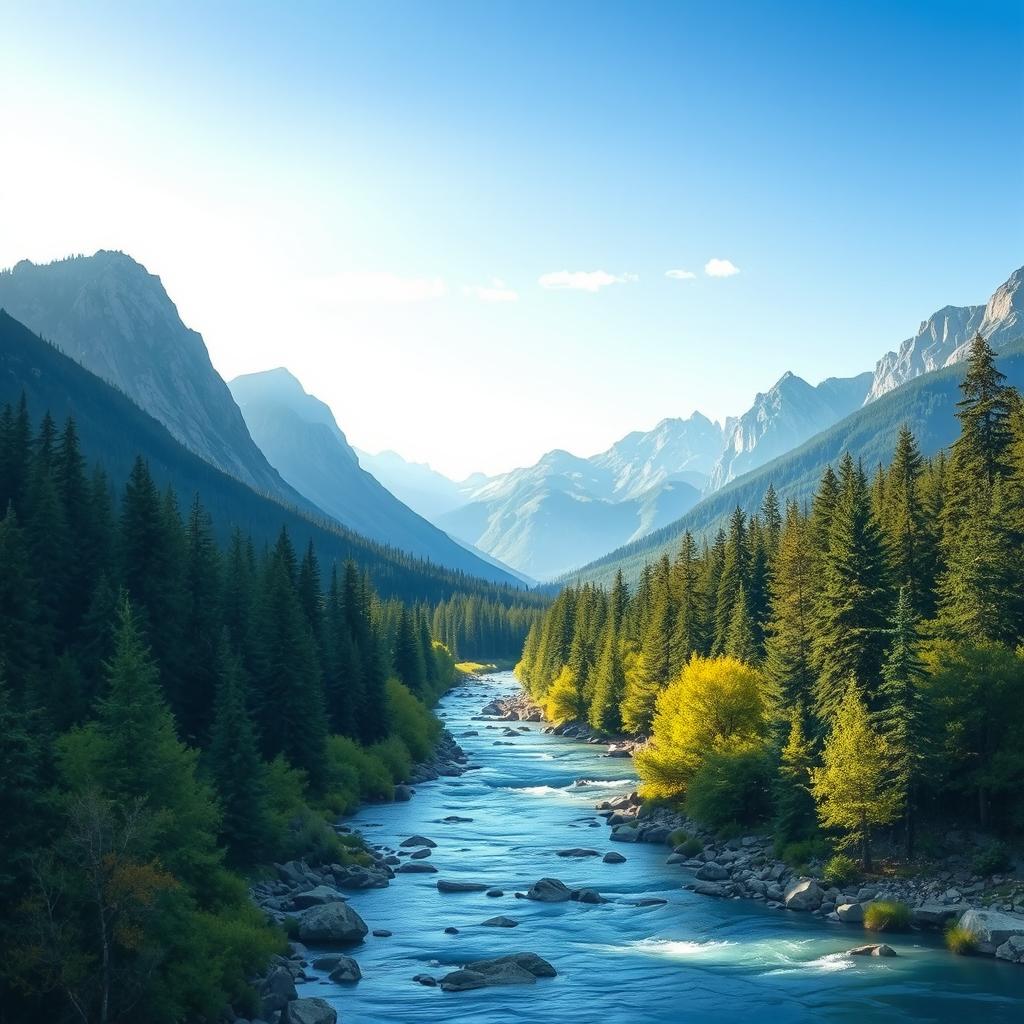 Create an image of a beautiful landscape with mountains, a river flowing through a forest, and a clear blue sky