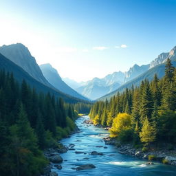 Create an image of a beautiful landscape with mountains, a river flowing through a forest, and a clear blue sky