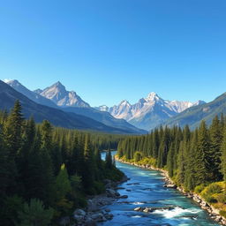 Create an image of a beautiful landscape with mountains, a river flowing through a forest, and a clear blue sky