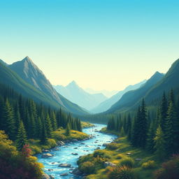 Create an image of a beautiful landscape with mountains, a river flowing through a forest, and a clear blue sky