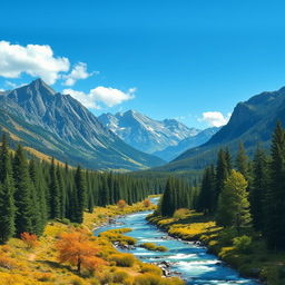 Create an image of a beautiful landscape with mountains, a river flowing through a forest, and a clear blue sky