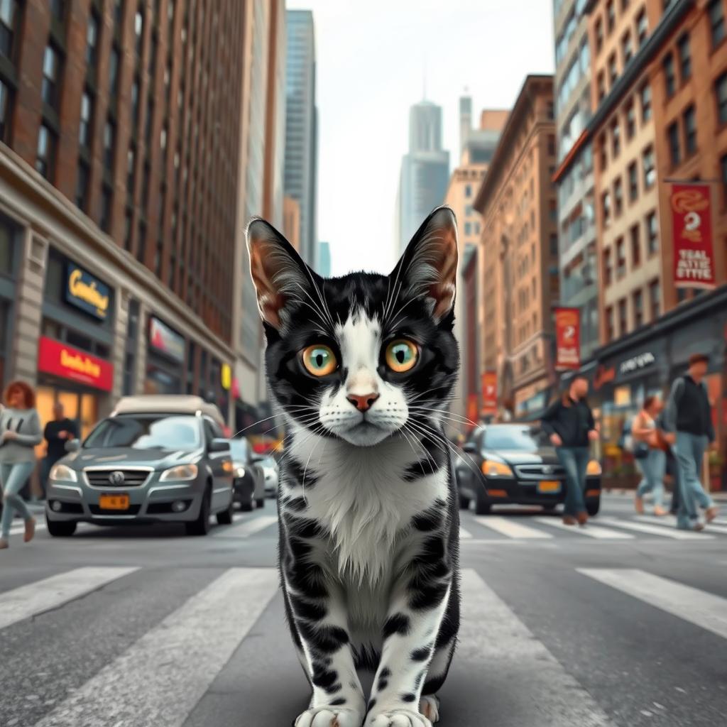 A black and white spotted cat appears lost in a bustling city street