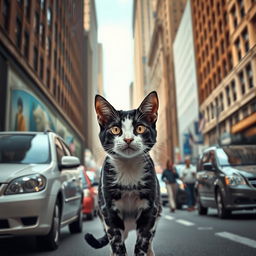 A black and white spotted cat appears lost in a bustling city street