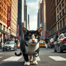 A black and white spotted cat appears lost in a bustling city street