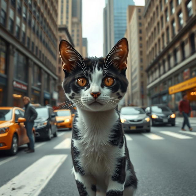 A black and white spotted cat appears lost in a bustling city street