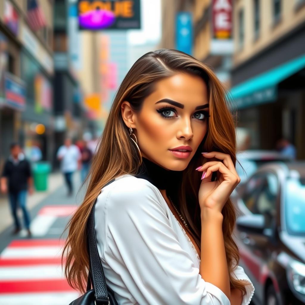 A beautiful woman with striking features, wearing fashionable clothing, posing confidently in a vibrant urban setting