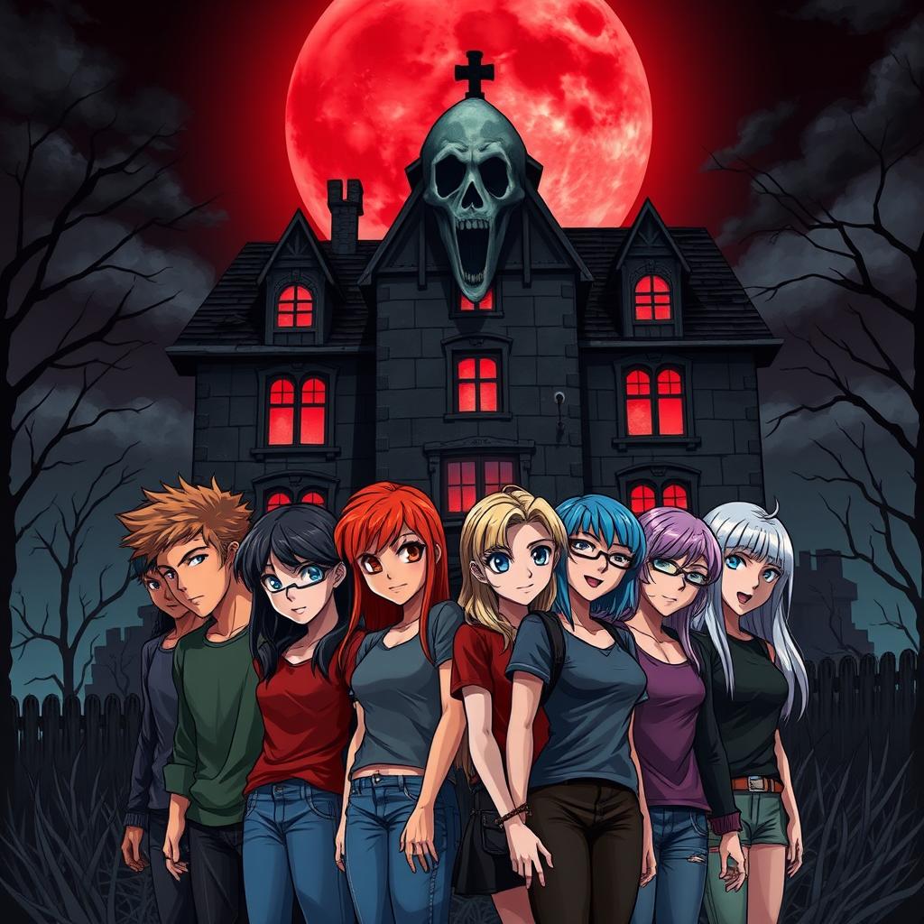 An anime-style book cover featuring a dark, decrepit mansion under a blood-red moon