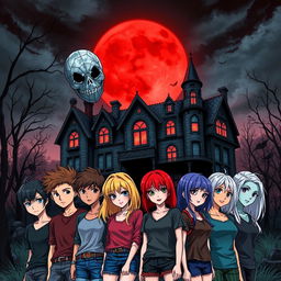 An anime-style book cover featuring a dark, decrepit mansion under a blood-red moon