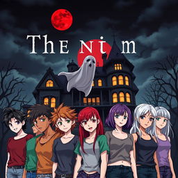 An anime-style book cover featuring a dark, decrepit mansion under a blood-red moon