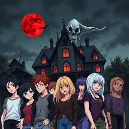 An anime-style book cover featuring a dark, decrepit mansion under a blood-red moon