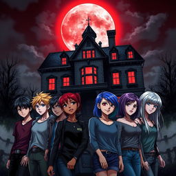 A realistic anime-style book cover featuring a dark, decrepit mansion under a blood-red moon