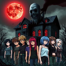 A realistic anime-style book cover featuring a dark, decrepit mansion under a blood-red moon