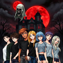 A realistic anime-style book cover featuring a dark, decrepit mansion under a blood-red moon