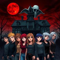 A realistic anime-style book cover featuring a dark, decrepit mansion under a blood-red moon