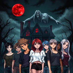 A realistic anime-style book cover featuring a dark, decrepit mansion under a blood-red moon