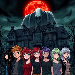 A realistic anime-style book cover featuring a dark, decrepit mansion under a blood-red moon