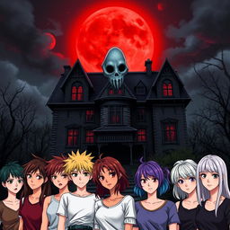 A realistic anime-style book cover featuring a dark, decrepit mansion under a blood-red moon