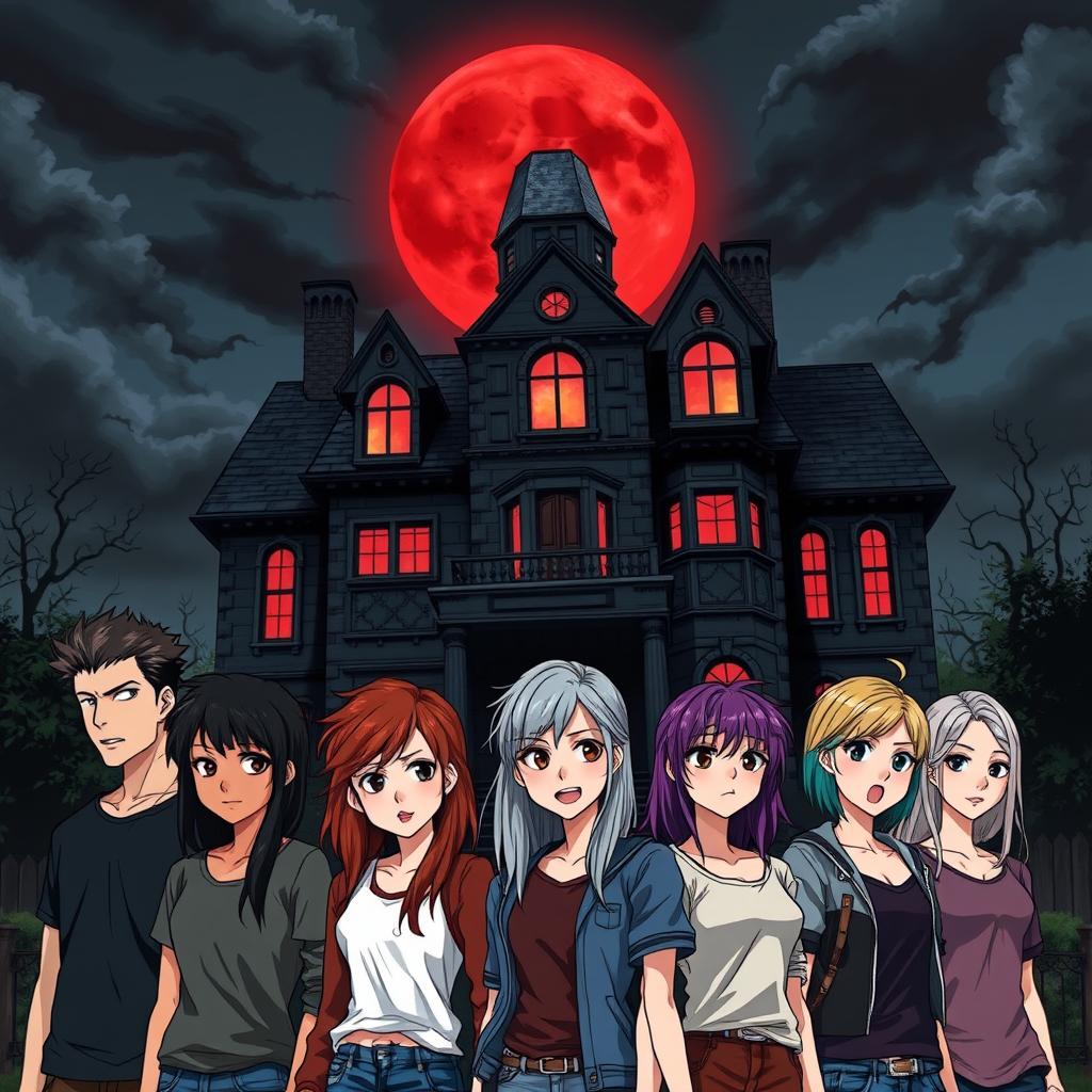 A realistic anime-style book cover featuring a dark, decrepit mansion under a blood-red moon