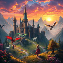 A vibrant fantasy landscape featuring towering castles, mythical creatures like dragons and unicorns, and a mystical forest