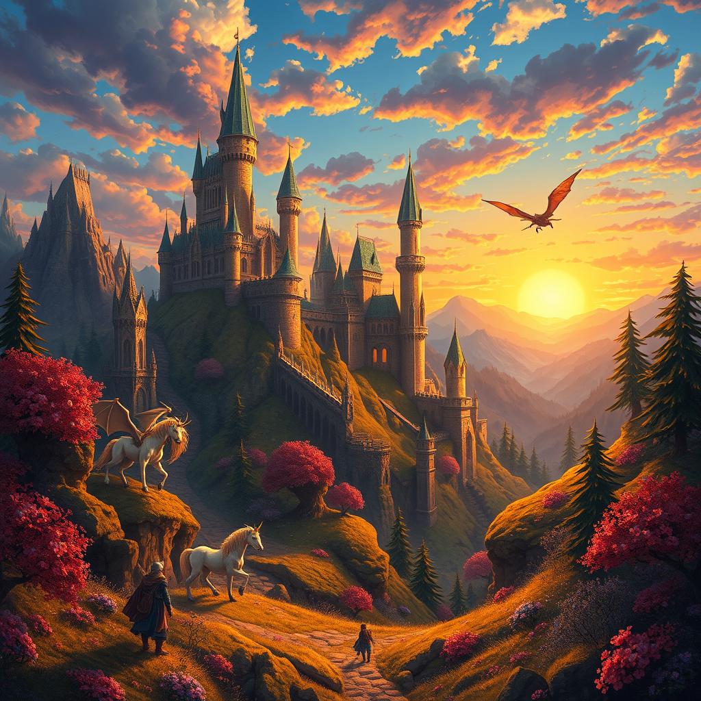 A vibrant fantasy landscape featuring towering castles, mythical creatures like dragons and unicorns, and a mystical forest