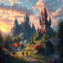 A vibrant fantasy landscape featuring towering castles, mythical creatures like dragons and unicorns, and a mystical forest