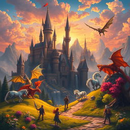 A vibrant fantasy landscape featuring towering castles, mythical creatures like dragons and unicorns, and a mystical forest