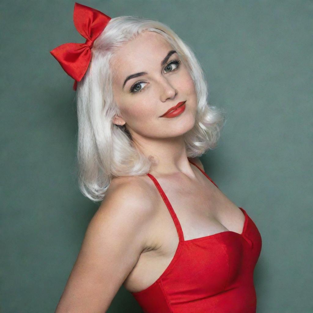 Photograph of a 30-year-old, average-build girl with white hair, dressed in a red swimsuit and high heels. She has long square proportional facial features, cheek dimples, bow lips, large black eyebrows, smooth medium green eyes, and swarthy skin