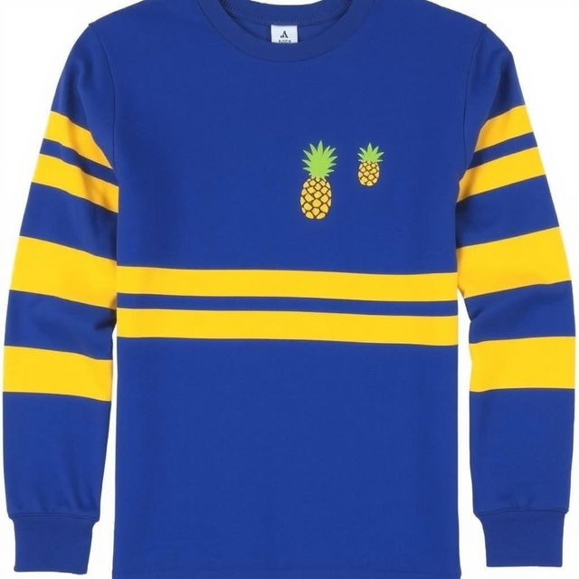 A blue long-sleeve shirt with yellow stripes and a pineapple logo