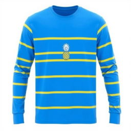 A blue long-sleeve shirt with yellow stripes and a pineapple logo