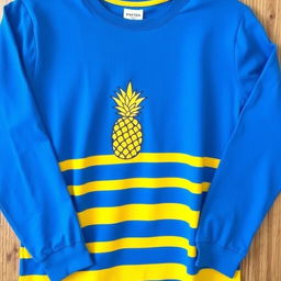 A blue long-sleeve shirt with yellow stripes and a pineapple logo