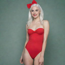 Photograph of a 30-year-old, average-build girl with white hair, dressed in a red swimsuit and high heels. She has long square proportional facial features, cheek dimples, bow lips, large black eyebrows, smooth medium green eyes, and swarthy skin