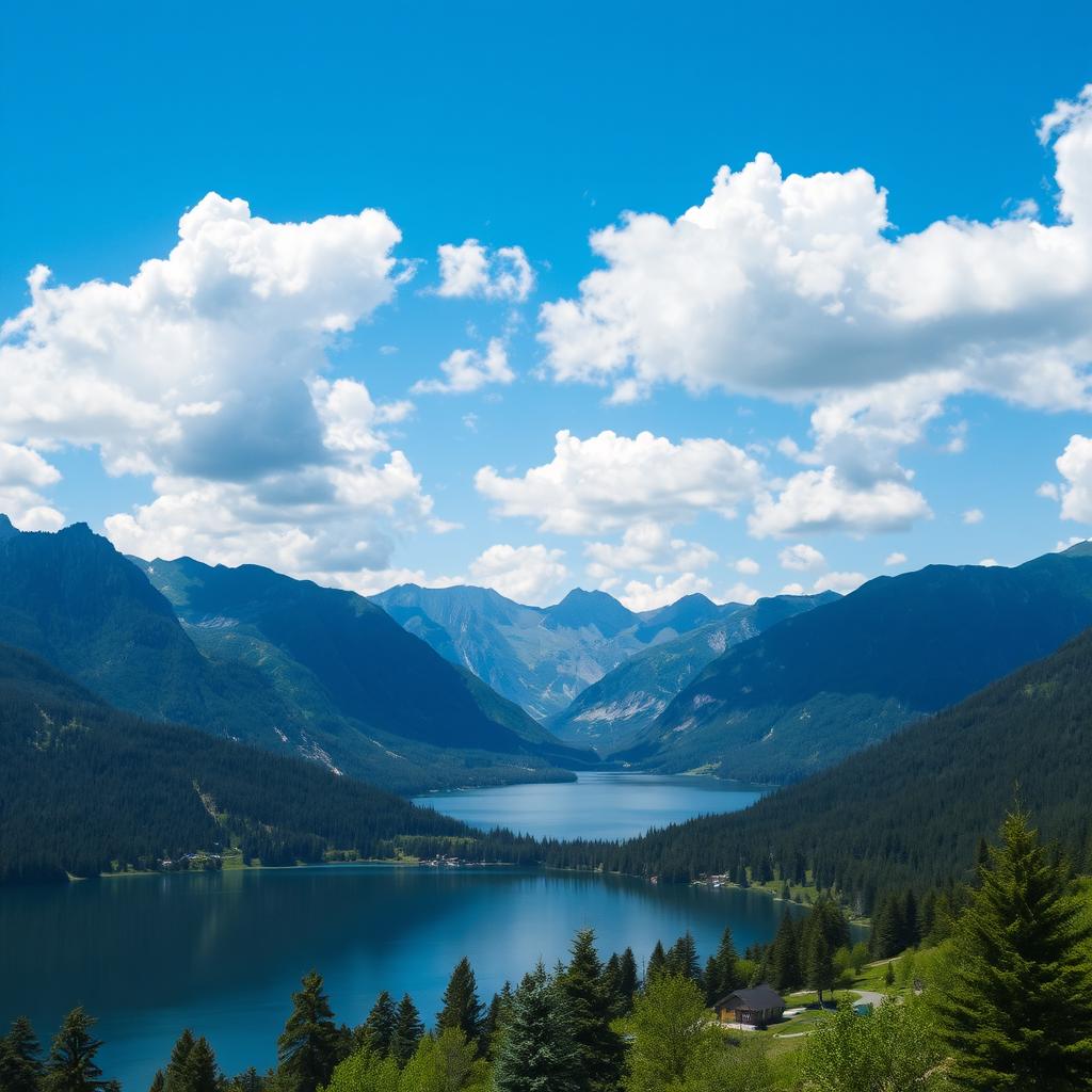 A beautiful landscape featuring a serene lake surrounded by mountains, with a clear blue sky and fluffy white clouds