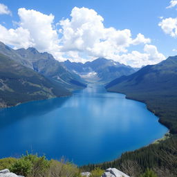 A beautiful landscape featuring a serene lake surrounded by mountains, with a clear blue sky and fluffy white clouds