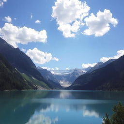 A beautiful landscape featuring a serene lake surrounded by mountains, with a clear blue sky and fluffy white clouds