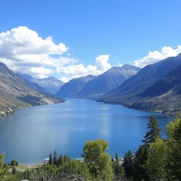 A beautiful landscape featuring a serene lake surrounded by mountains, with a clear blue sky and fluffy white clouds