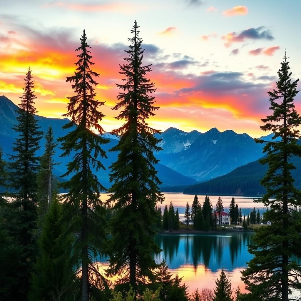 A beautiful landscape featuring a serene lake surrounded by tall pine trees and mountains in the background