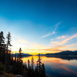 A beautiful landscape featuring a serene lake surrounded by tall pine trees and mountains in the background