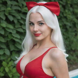 Photograph of a 30-year-old, average-build girl with white hair, dressed in a red swimsuit and high heels. She has long square proportional facial features, cheek dimples, bow lips, large black eyebrows, smooth medium green eyes, and swarthy skin