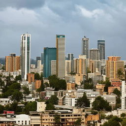 A vibrant panorama of a developed African city, filled with modern skyscrapers, bustling markets, advanced technology, lush parks, and a thriving cultural scene.