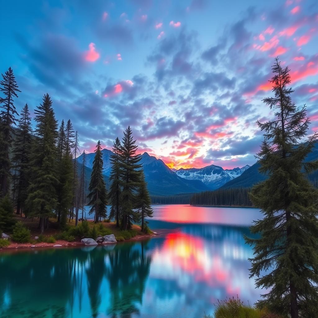 A beautiful landscape featuring a serene lake surrounded by tall pine trees and mountains in the background