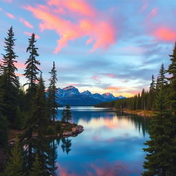 A beautiful landscape featuring a serene lake surrounded by tall pine trees and mountains in the background