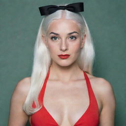 Photograph of a 30-year-old, average-build girl with white hair, dressed in a red swimsuit and high heels. She has long square proportional facial features, cheek dimples, bow lips, large black eyebrows, smooth medium green eyes, and swarthy skin