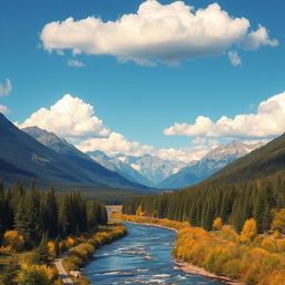 A beautiful landscape with mountains, a river flowing through a forest, and a clear blue sky with fluffy clouds