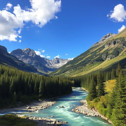 A beautiful landscape with mountains, a river flowing through a forest, and a clear blue sky with fluffy clouds