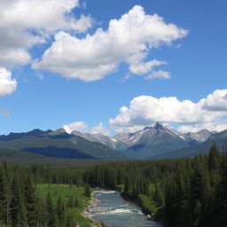 A beautiful landscape with mountains, a river flowing through a forest, and a clear blue sky with fluffy clouds