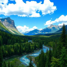 A beautiful landscape with mountains, a river flowing through a forest, and a clear blue sky with fluffy clouds