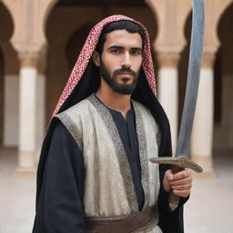 A handsome, bearded Arab youth in traditional attire, carrying a large Damascus sword, representing strength, courage, and tradition.