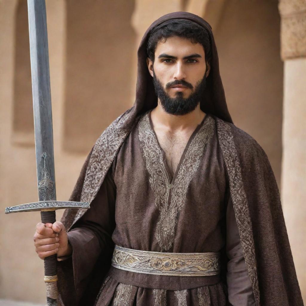 A handsome, bearded Arab youth in traditional attire, carrying a large Damascus sword, representing strength, courage, and tradition.